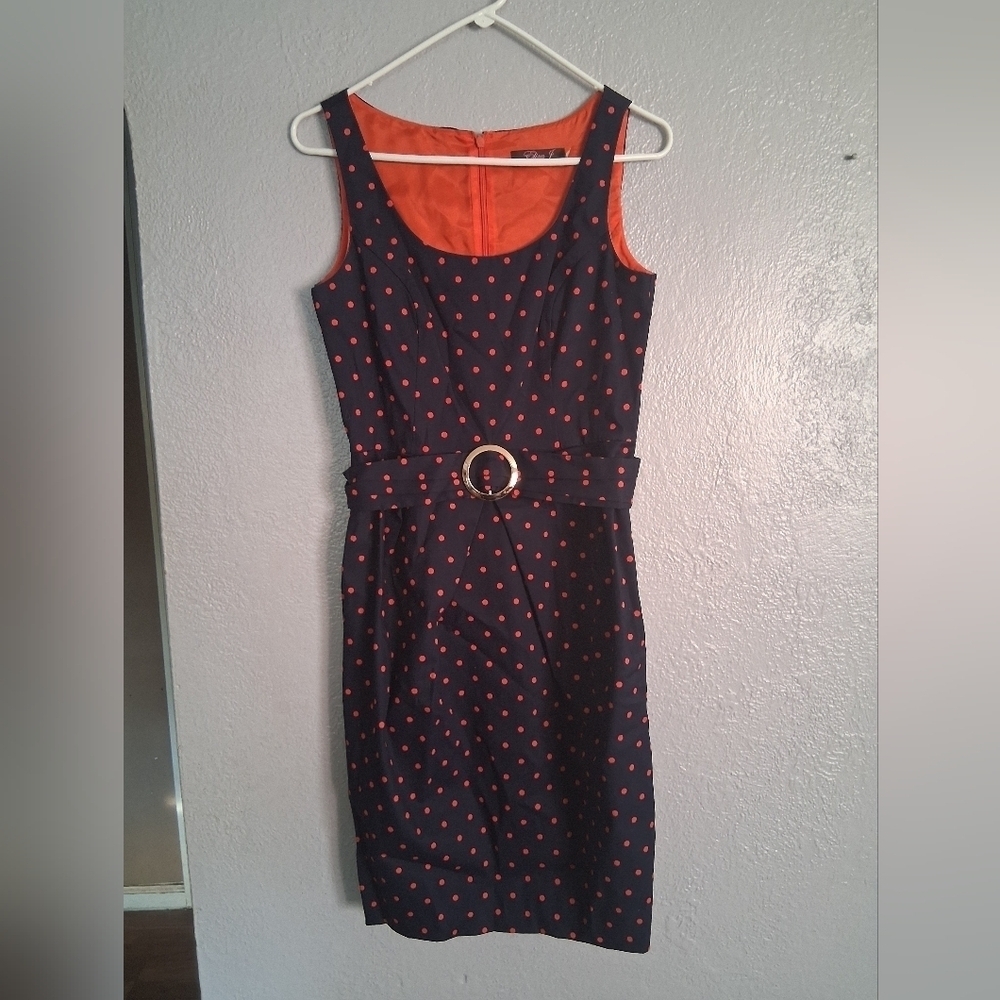 Eliza J Navy Red Polka Dot Belted Pinup Rockabilly Sleeveless Sheath Midi 4